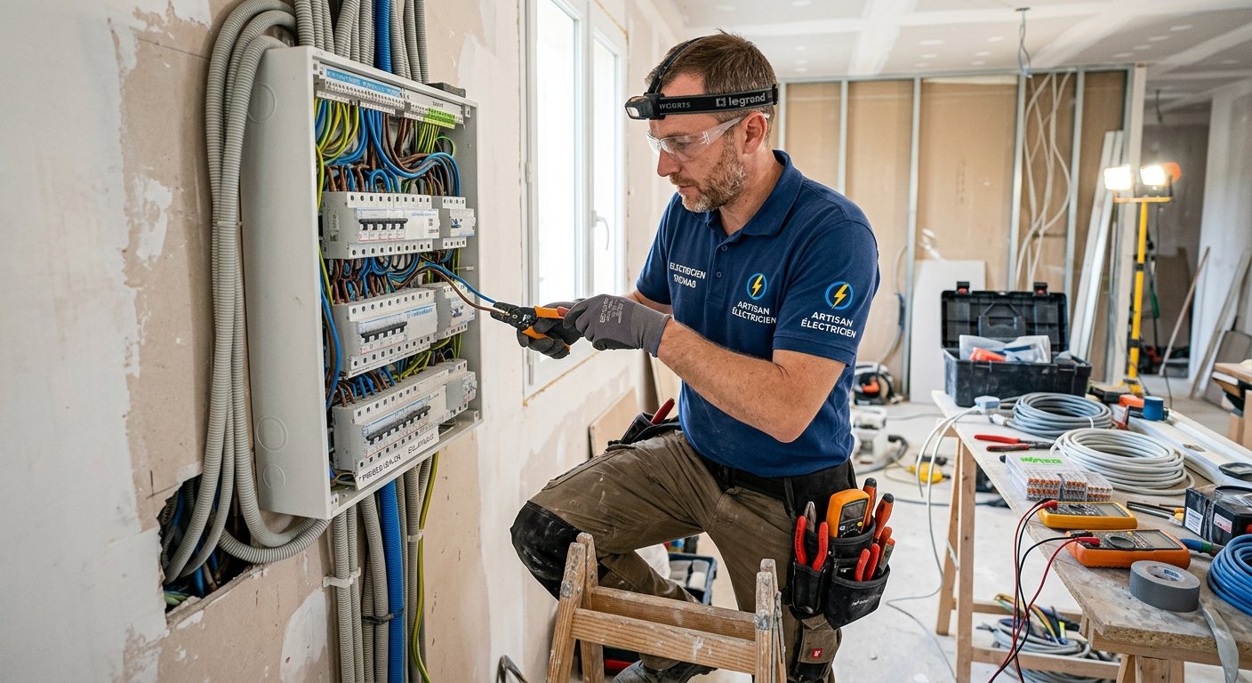 Électricien intervenant sur un tableau électrique en rénovation