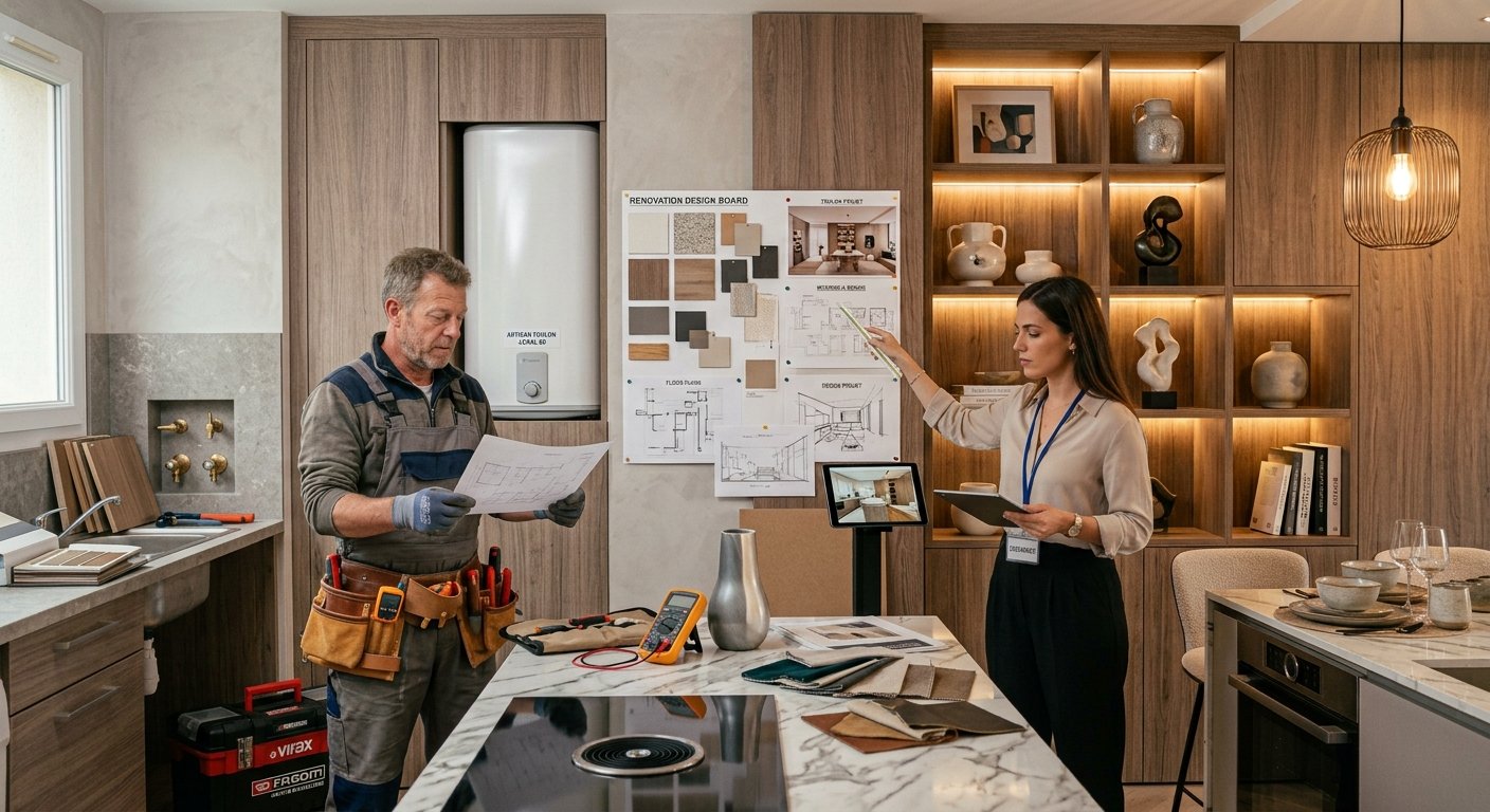Artisan et architecte d'intérieur examinant un plan de rénovation