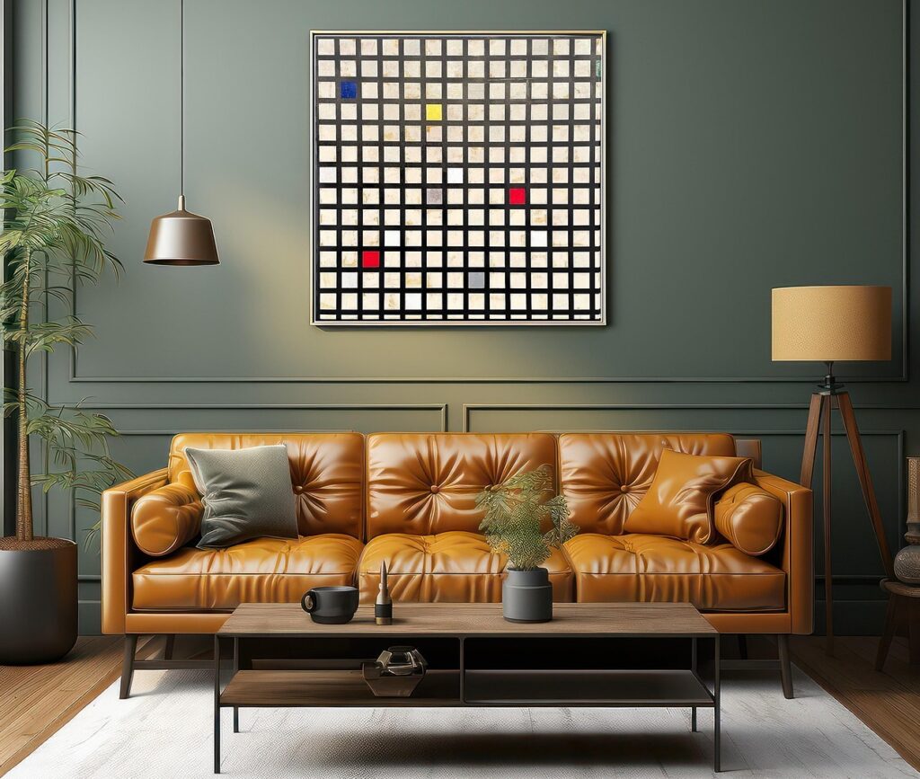 living room, couch, furniture, space, wall, art, abstract, artwork